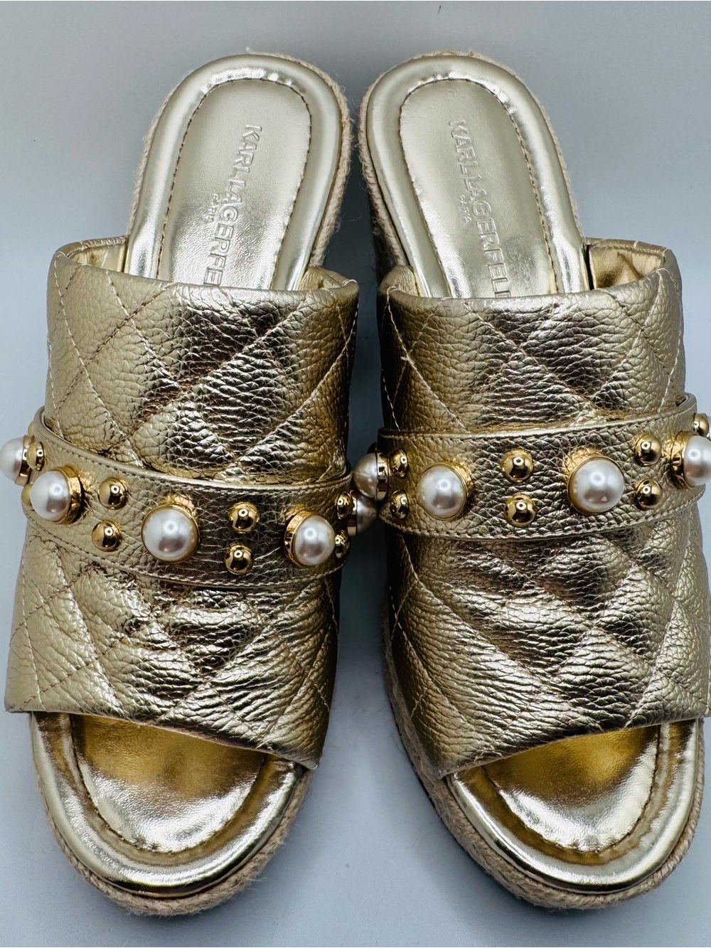 Karl Lagerfeld Gold Quilted Pearl-Stud Slide Mules